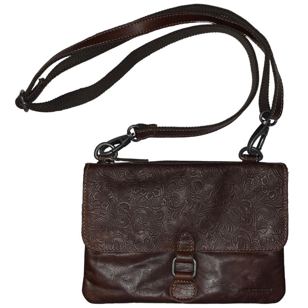Jack Georges Brown Flap Crossbody Bag Embossed Genuine Leather Adjustable Strap
